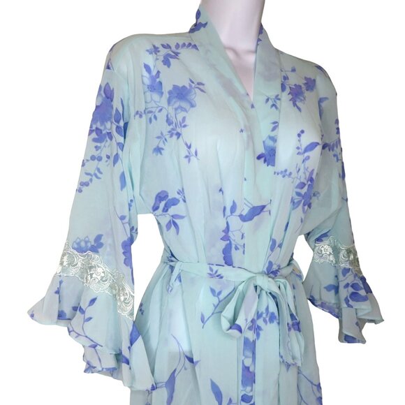 LA Intimates Knee Length Sheer Robe M Blue Lavender Floral Ruffled Lace Sleeve - Picture 5 of 13